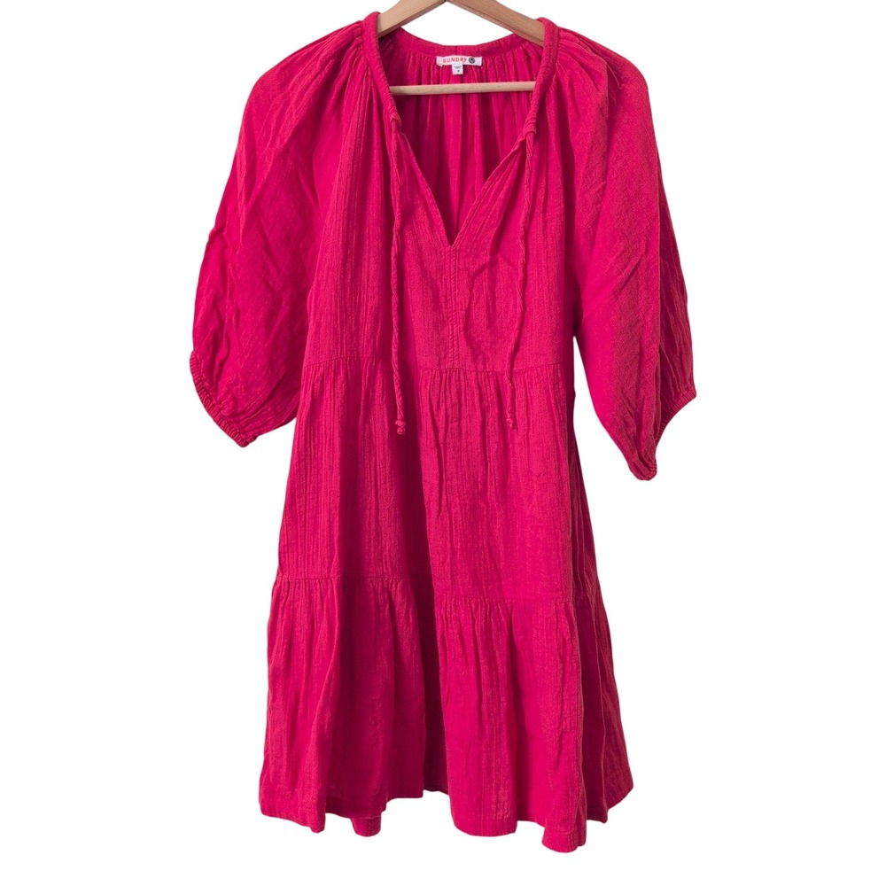 Sundry Pink Cotton Gauze Tiered Mini Dress 3/4 Puff Sleeve Pockets Size 2 Medium